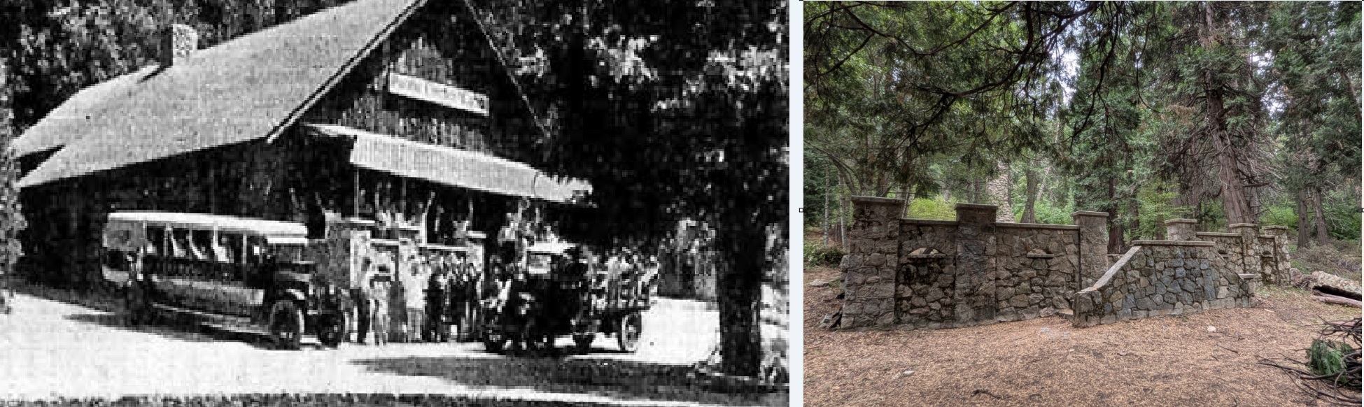 Side by side comparison: a 1917 photograph of the lodge with a motor stage and guests, beside a 2026 photograph of the surviving stone wall in the forest.