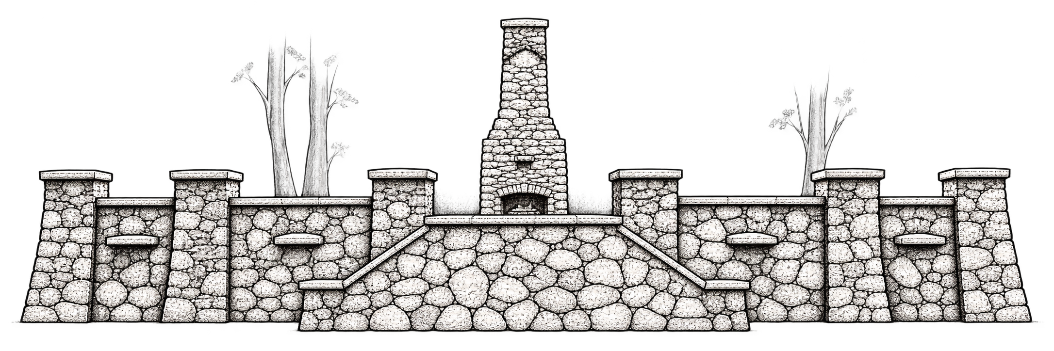 Measured elevation drawing of the ranch stonework: a low granite wall with pillars, stepped entry stairs and a central chimney.